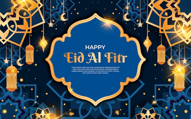 Blauwe en gouden achtergrond met een blauwe achtergrond en de woorden happy eid al fitr.