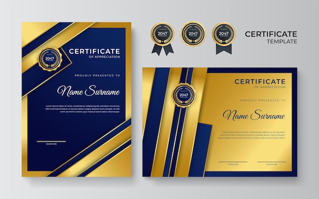 Blauwe en gouden certificaat van prestatie grenssjabloon met luxe badge en modern lijnpatroon voor het behalen van onderscheidingen en onderwijsbehoeften