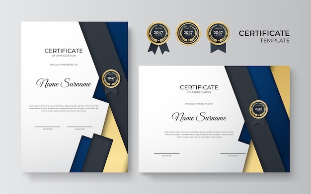 Blauwe en gouden certificaat van prestatie grenssjabloon met luxe badge en modern lijnpatroon Voor het behalen van onderscheidingen en onderwijsbehoeften