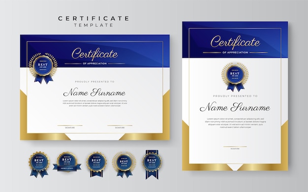 Blauwe en gouden certificaat van prestatie grenssjabloon met luxe badge en modern lijnpatroon Voor zakelijke en onderwijsbehoeften