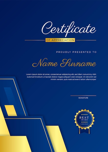 Blauwe en gouden certificaat van prestatie-sjabloon met gouden badge en rand