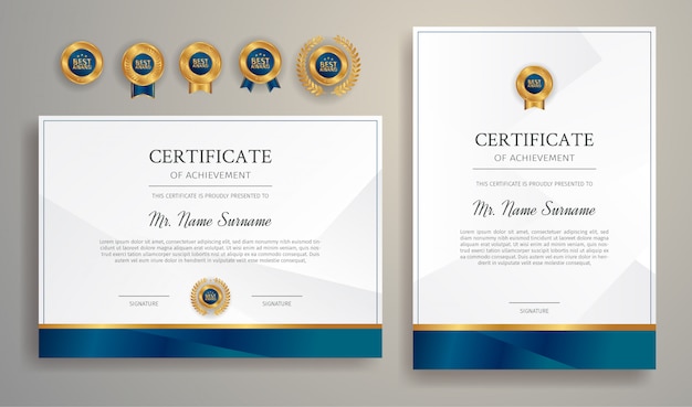 Blauwe en gouden certificaat van waardering grens sjabloon met luxe badges