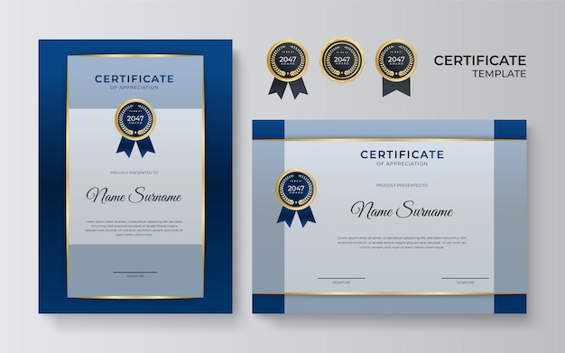 Blauwe en gouden certificaatsjabloon. Moderne blauwe certificaatprijs of diplomasjabloonset van portret- en landschapsontwerp. Pak voor zaken, onderwijs, prijzen en meer
