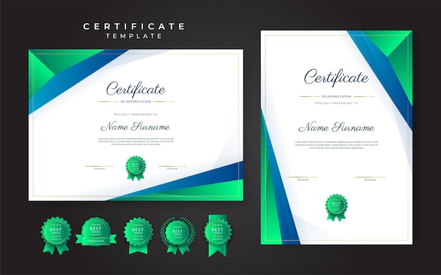 Blauwe en groene certificaat van prestatie grenssjabloon met luxe badge en modern lijnpatroon Voor zakelijke en onderwijsbehoeften