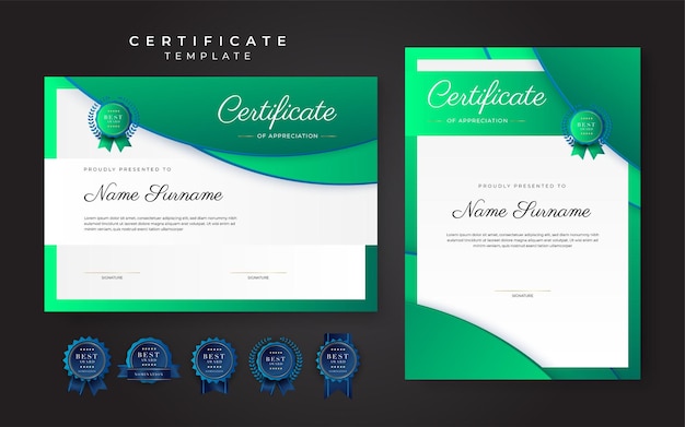 Blauwe en groene certificaat van prestatie grenssjabloon met luxe badge en modern lijnpatroon Voor zakelijke en onderwijsbehoeften