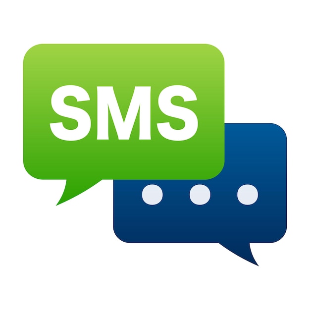 Blauwe en groene woordbubbels met het woord SMS erop Mobiele mail marketing e-commerce internet