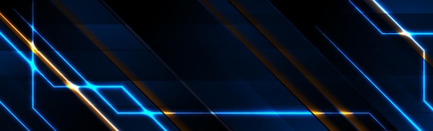 Blauwe en oranje technologie banner met gloeiende neon lijnen Vector futuristische achtergrond