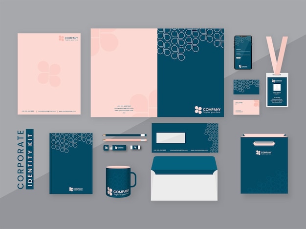 Blauwe en roze kleur Corporate Identity Kits-presentatie tegen grijze achtergrond voor bedrijf