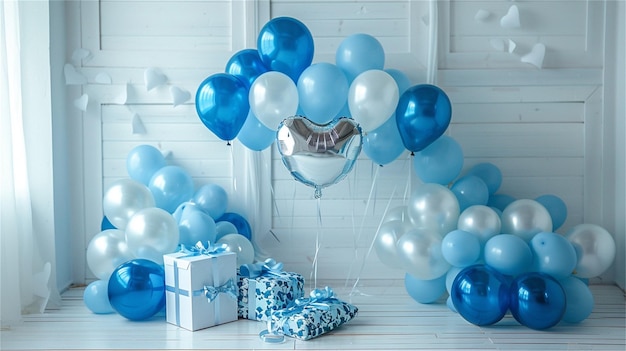 Vector blauwe en witte ballonnen met een strik en een geschenkdoos