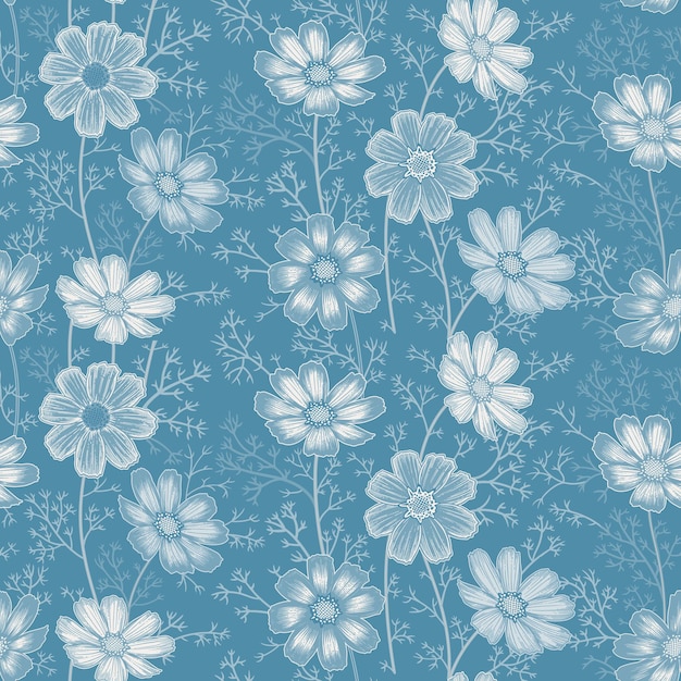 Blauwe en witte naadloze lente bloemmotief Bloeiende planten Vintage vector schattige bloemen kamille