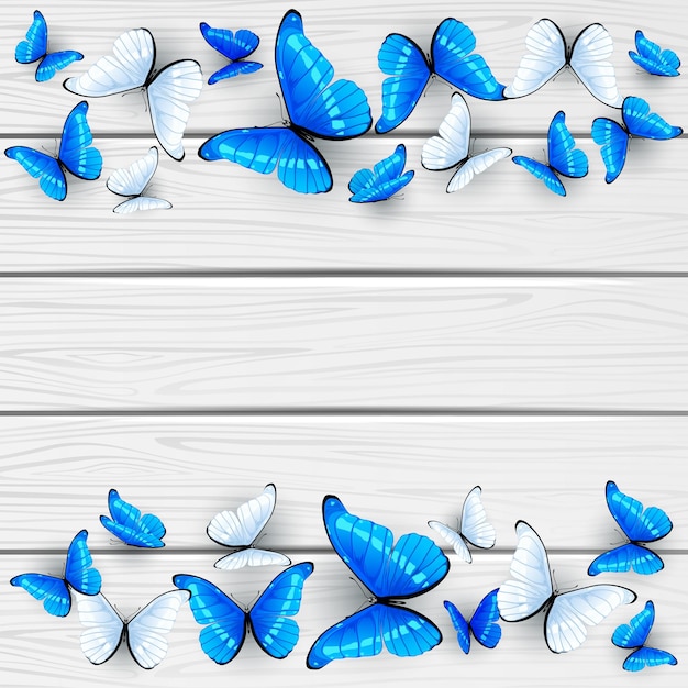 Blauwe en witte vlinders op houten illustratie als achtergrond