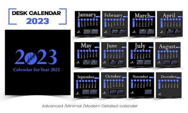 Blauwe en zwarte bureaukalender 2023 nieuwe jaar schone kalendersjabloon