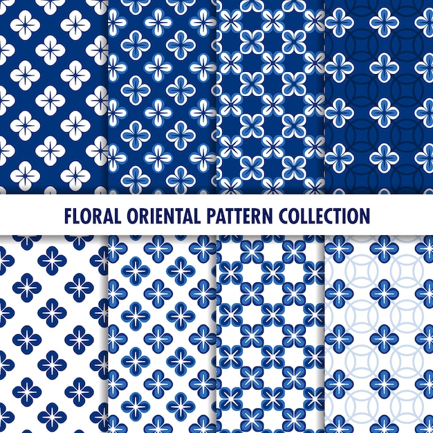Blauwe geometrische oosterse bloemen naadloze patrooninzameling
