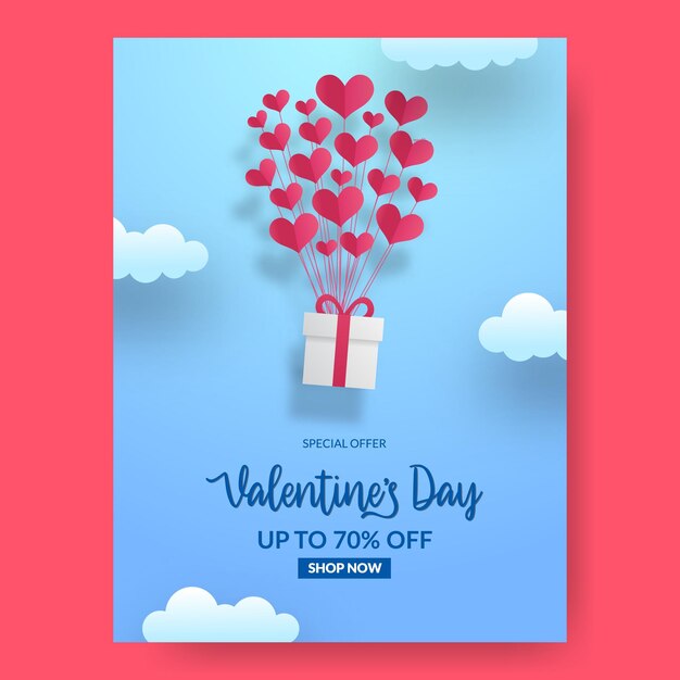 Blauwe hemel met vliegende liefde hart ballon. valentijnsdag verkoop aanbieding poster banner.