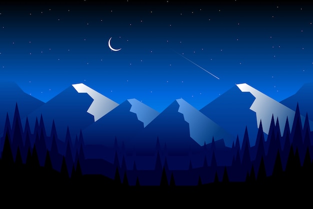 Vector blauwe hemel nacht met berg en silhouet dennenbos landschap