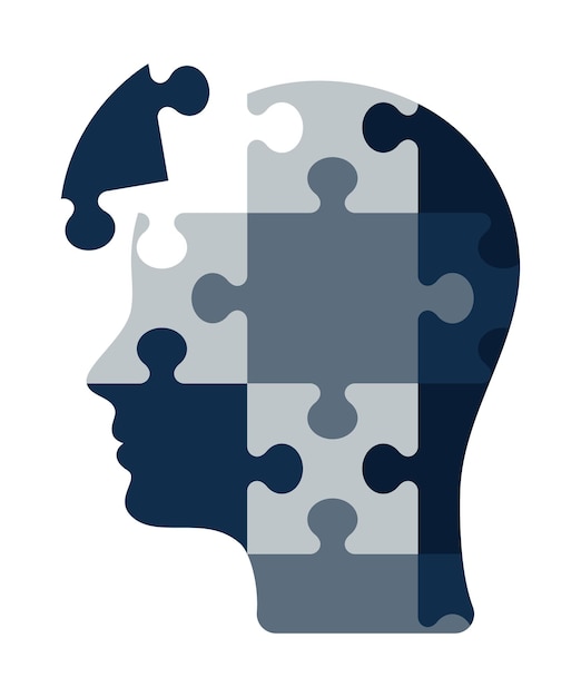 Blauwe hoofdvormige puzzels Eén puzzelstuk ontbreekt Creativiteit inspiratie logisch denken Het potentieel van het menselijke brein