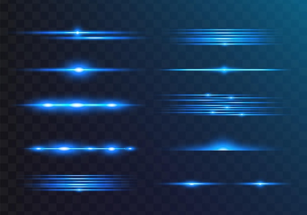Blauwe horizontale lens flares pack Abstracte set van licht flares laserstralen sprankelend omlijnd