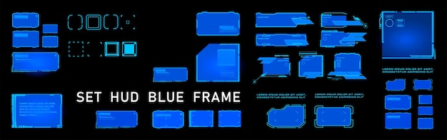 Vector blauwe hud-frames instellen hud-gebruikersinterface-elementen op zwarte achtergrond futuristische interface met frames en dialoogvensters set van moderne vector neon frames