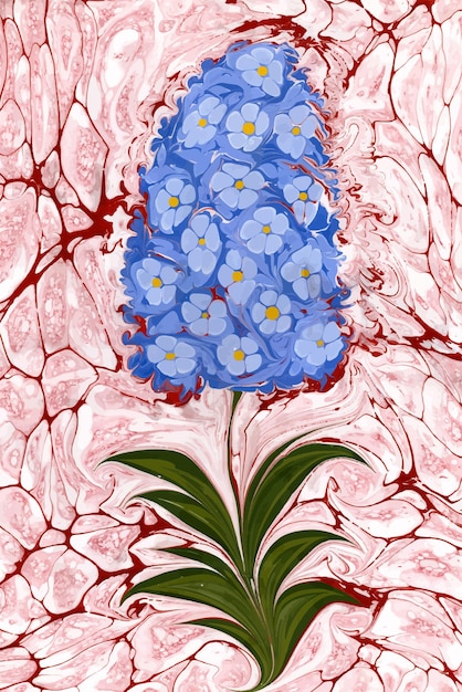 Blauwe hyacintbloem en rood marmerend achtergronddecoratie vectorontwerp