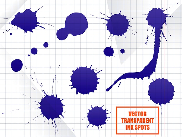 Blauwe inktvlek set, verfvlek. Halftransparante vectorvormen geïsoleerd op de achtergrond van het blad van het schoolnotitieboekje.