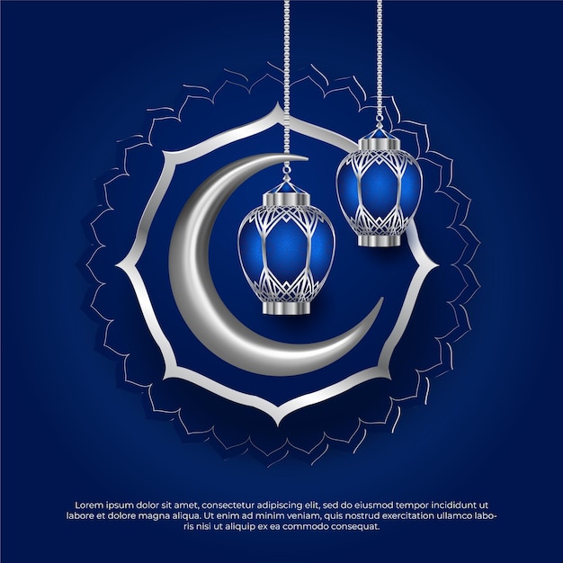 Blauwe islamitische eid al adha-groet met maan en hangende lampenachtergrond