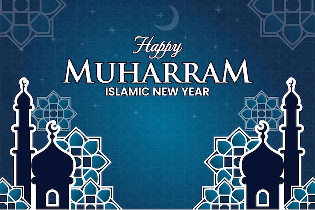 Blauwe islamitische nieuwjaarsbanner met moskee en bloemenachtergrond