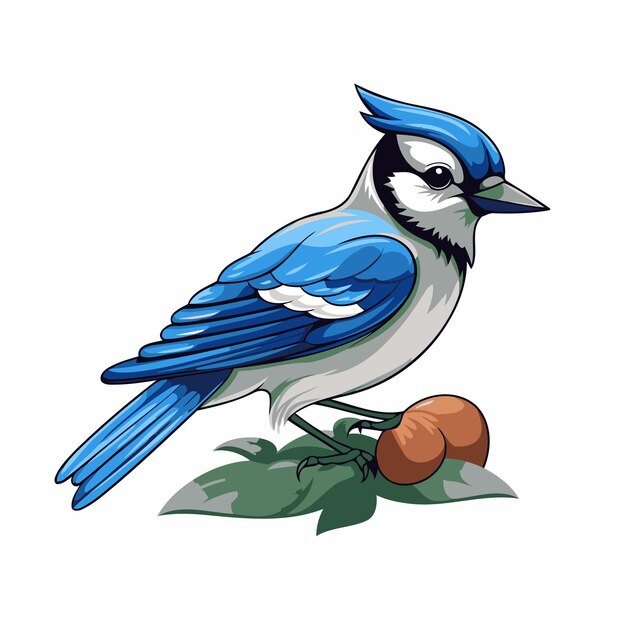 Vector blauwe jay vogel zit op een tak met een noot vector illustratie