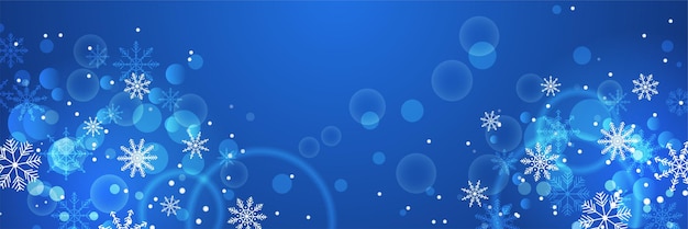 Blauwe kerstbanner met sneeuwvlokken. Prettige kerstdagen en gelukkig Nieuwjaar groet banner. Horizontale nieuwjaarsachtergrond, headers, posters, kaarten, website. vector illustratie