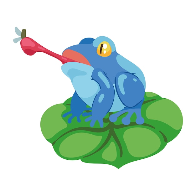 Vector blauwe kikker die vlieg in blad eet