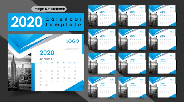 Vector blauwe kleur nieuwjaar 2020 bureaukalender