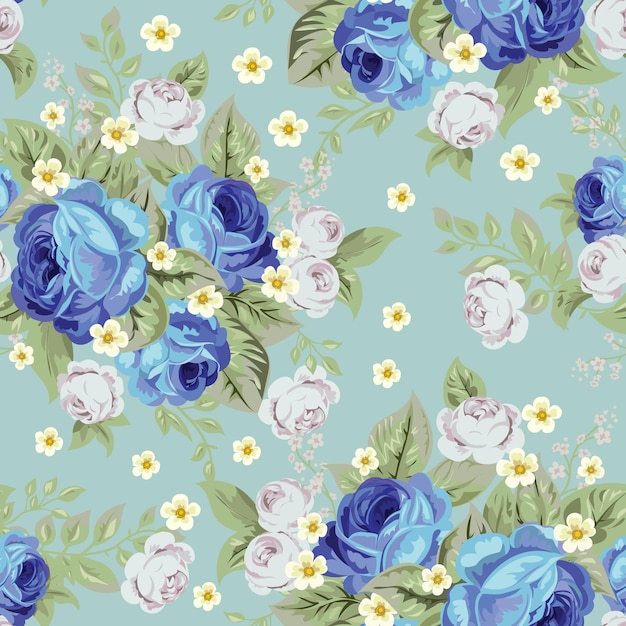 Blauwe koolrozen en kleine witte bloemen, naadloos patroon