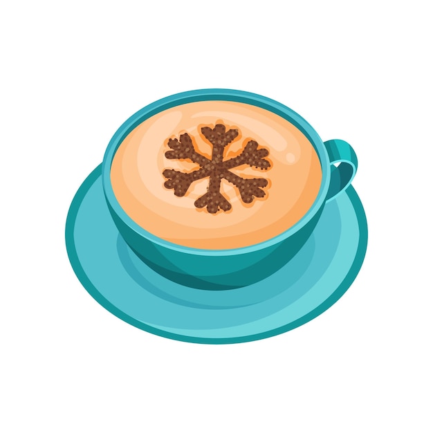 Blauwe kop warme koffie met latte art in de vorm van sneeuwvlok gemaakt van kaneelpoeder Mok aromatische cappuccino op schotel Grafisch element voor promo flyer van koffieshop Geïsoleerde platte vector design
