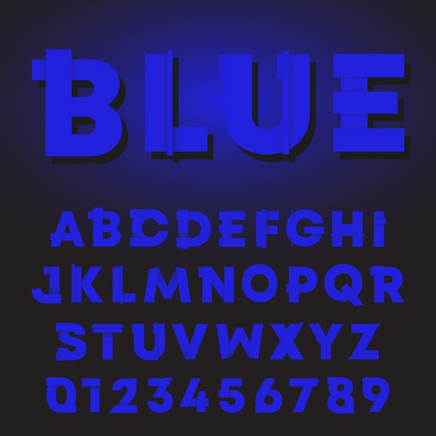 Vector blauwe letters en cijfers gradiënt schaduw ontwerp. alfabet lettertype