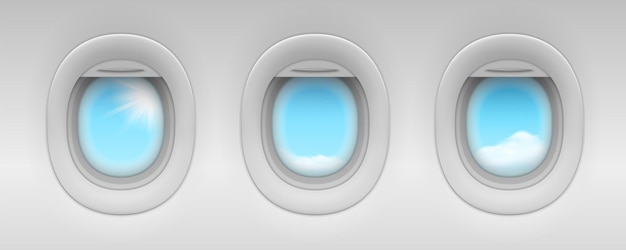 Blauwe lucht en wolk achter vliegtuig patrijspoorten realistische vliegtuigen of straalvliegtuigen ramen geïsoleerd binnen
