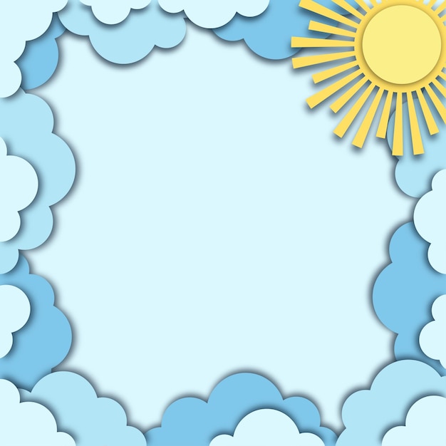 Blauwe lucht wolken en zon in papier gesneden stijl