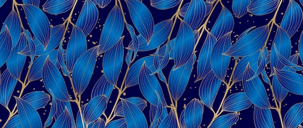 Blauwe luxe botanische achtergrond met gouden takken en bladeren