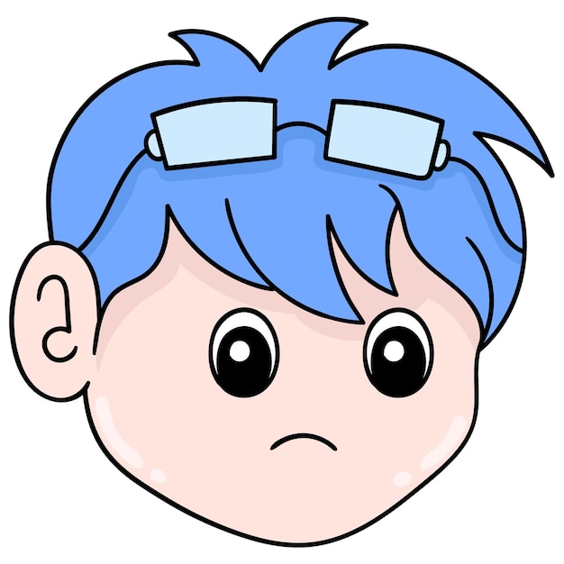 Blauwe mannelijke hoofd dragen van een bril op het hoofd, vector illustratie karton emoticon. doodle pictogram tekening