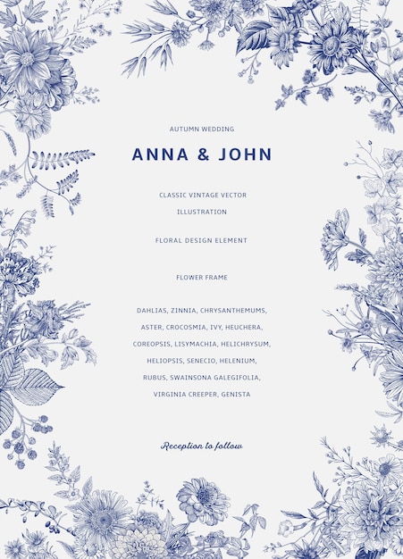 Blauwe met de hand getekende schets bruiloftsuitnodiging kaart groetekaart botanisch patroon