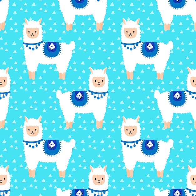 Blauwe naadloze patroon met schattige alpaca's. Leuk en kinderachtig ontwerp voor stof, textiel en behang.