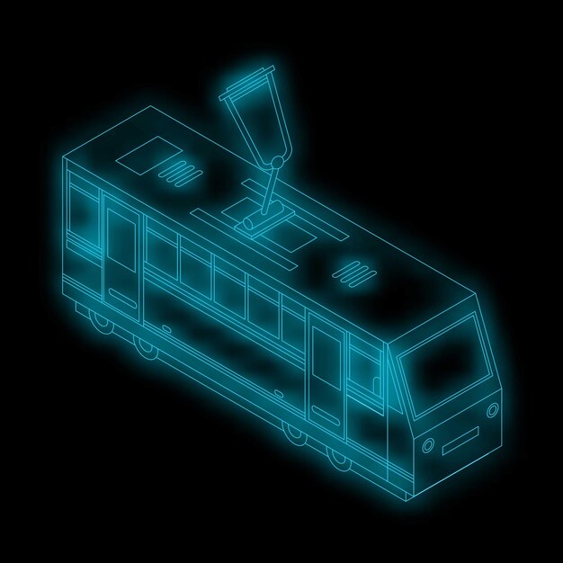 Blauwe neon tram die's nachts door de straten van de stad loopt