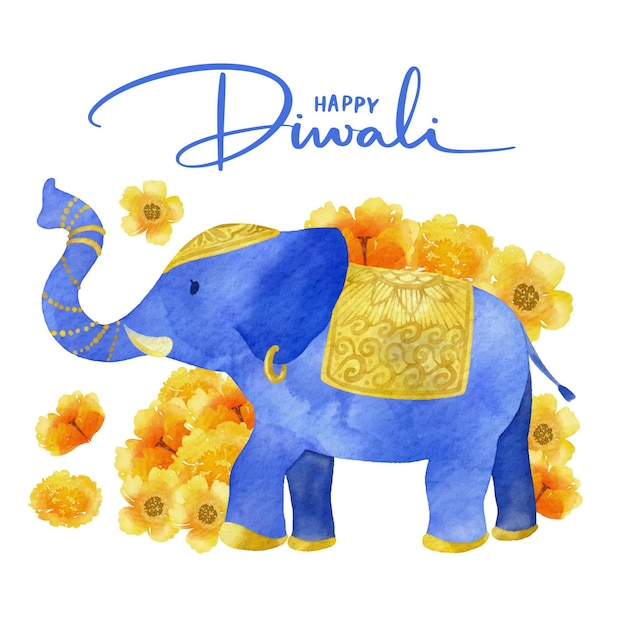 Vector blauwe olifant aquarel ontwerp diwali