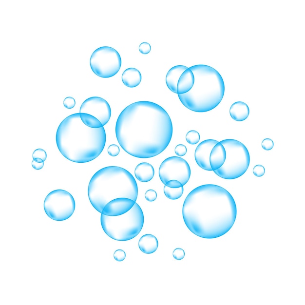 Blauwe onderwater bruisende luchtbellen op witte achtergrond Fizzy schittert in water