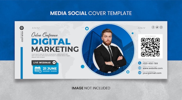 Blauwe online conferentie digitale marketing media sociale omslagsjabloon