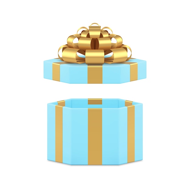 Blauwe open mode geschenk doos met gouden luxe strik lint groet prijs 3D icoon realistische vector