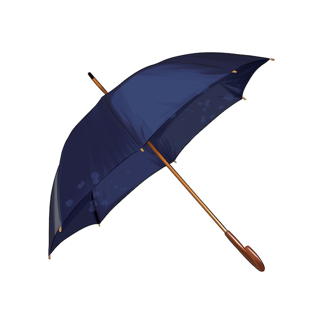 Blauwe paraplu met rechte handgreep paraplustok van veelkleurige verven kleurrijke tekening