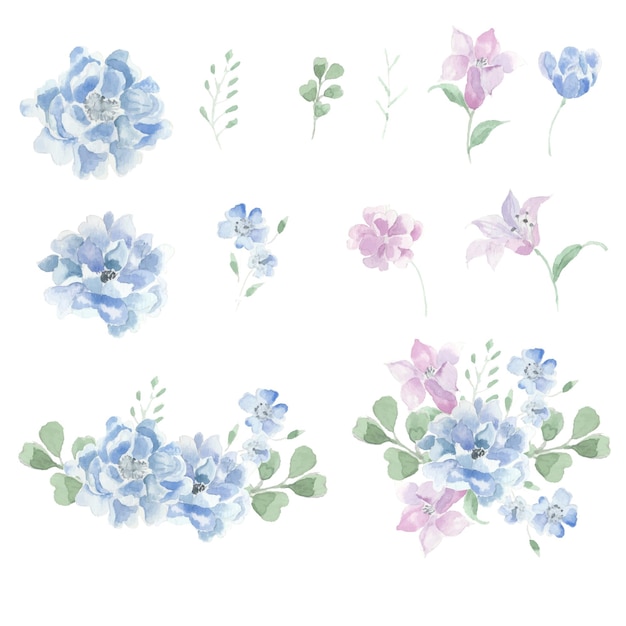 Blauwe pioenroos en klokbloem aquarel clipart