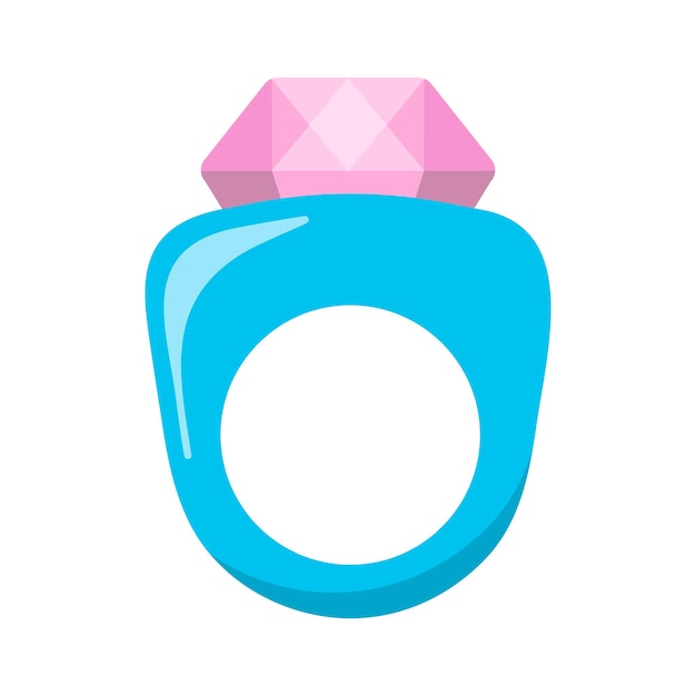 Blauwe plastic ring met roze diamant Kleurrijke sieraden platte ontwerp vectorillustratie