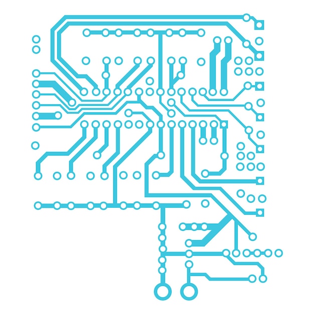 Blauwe printplaat geïsoleerd op wit. Brede lijnen en ronde pinnen aan de uiteinden. Element voor technische ontwerpen. Vectoreps 10.