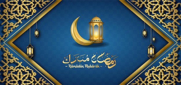 Blauwe ramadan-groetbanner met gouden geometrisch frame