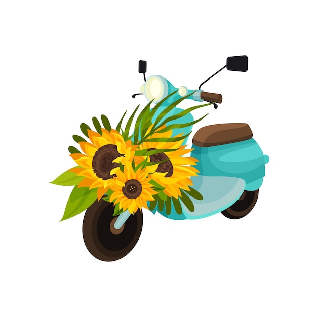 Blauwe retro bromfiets met zonnebloemen Uitzicht vanaf de linkerkant Vectorillustratie op witte achtergrond